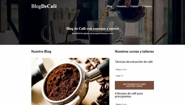 Imagen de una practica de Esteban Kroh simulando un blog de café, versión desktop.